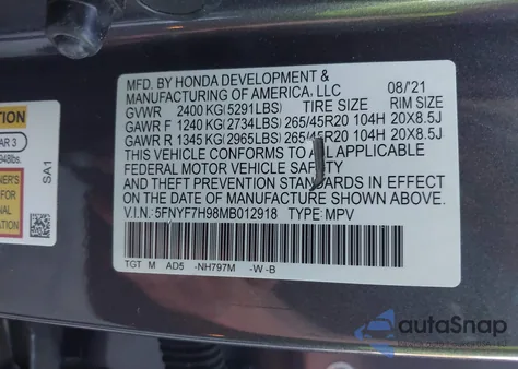 2021 Honda Passport 2Wd Touring z USA, uszkodzony, nr VIN 5FNYF7H98MB012918
